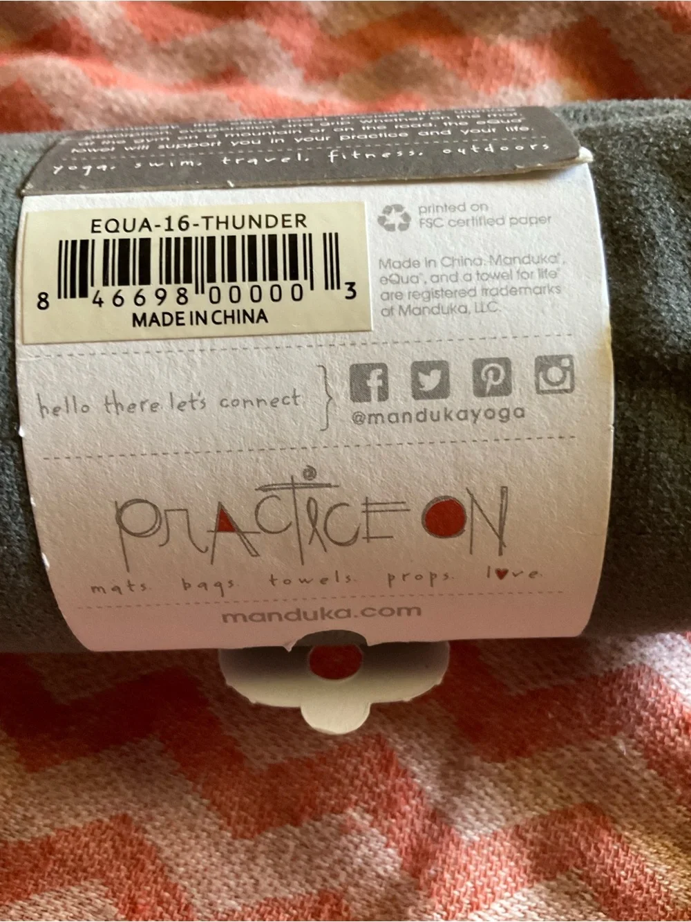 manduka eQua Yoga Hand Towel  Towel in Gray (Thunder) 16” x 26.5” New